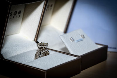 Close-up of wedding rings on the box