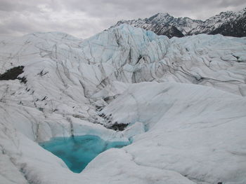 Close-up of snow covered mountain against sky