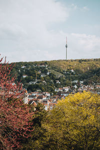 Aerial view of trees and buildings against sky