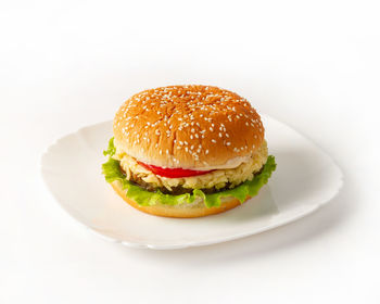 Close-up of burger against white background