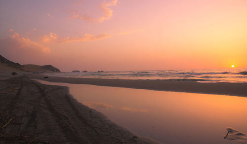 Scenic view of beach against sky during sunset