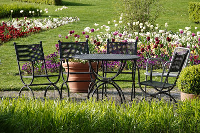 Empty chairs and table on field in yard