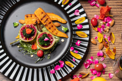 High angle view of various fruits on table