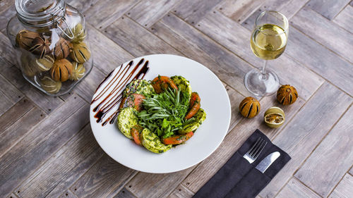 High angle view of food on table