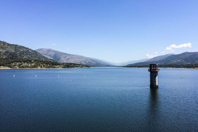 Scenic view of lake against clear blue sky