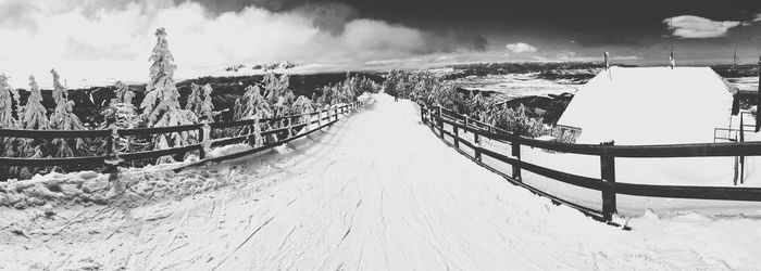 Snow covered land against sky