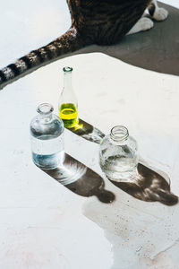 High angle view of water bottle on table