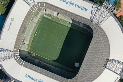High angle view of text on soccer field