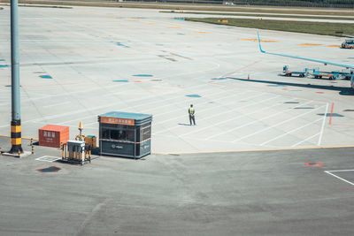 High angle view of man working at airport