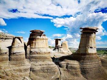 Long angle view of hoodoo rock formations at drumheller