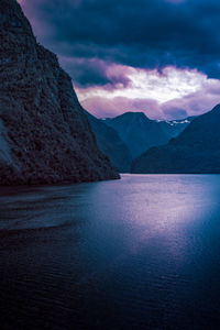 Scenic view of lake and mountains against dramatic sky