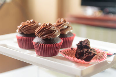 Chocolate cake on table