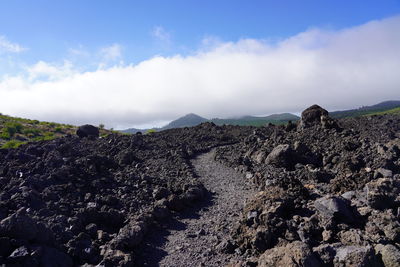 Panoramic view of rocks on land against sky