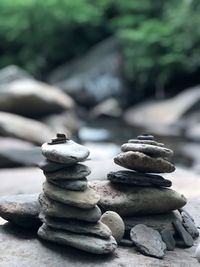 Close-up of stone stack on rock