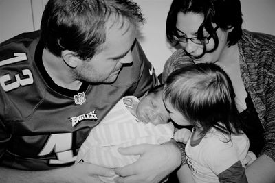 Rear view of mother and son