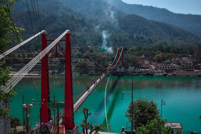 View of suspension bridge in city