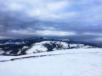 Snow covered landscape against sky