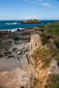 Scenic view of beach against blue sky