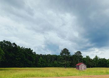 Scenic view of trees and houses on field against sky