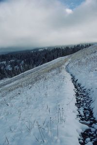 Scenic view of snow covered land against sky