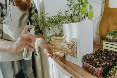 Man watering oyster mushrooms in kitchen at home