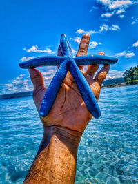 Close-up of a hand holding the sea