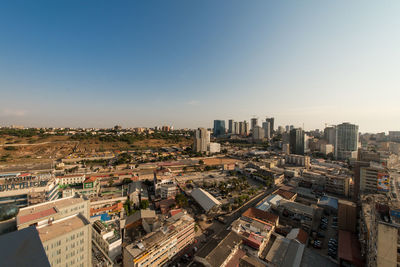 High angle view of cityscape against clear sky