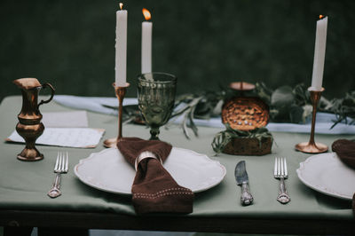 High angle view of wine glasses on table