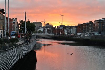 Buildings by river against sky during sunset