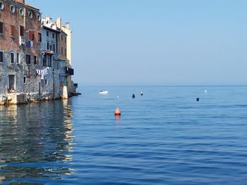 Scenic view of sea and town rovinj against clear sky