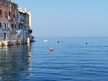 Scenic view of sea and town rovinj against clear sky