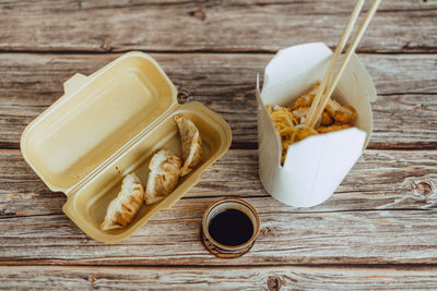 High angle view of asian food on table