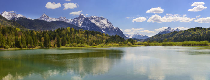 Scenic view of lake and mountains against sky