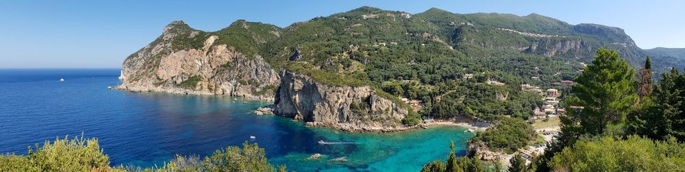Panoramic view of bay against clear sky