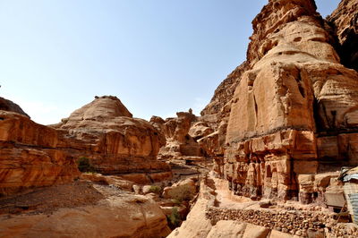 Low angle view of rock formations in jordan at petra