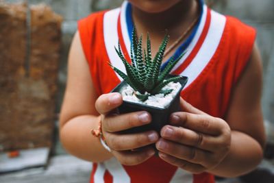 Midsection of girl holding succulent plant