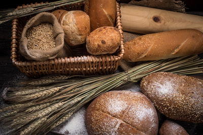 High angle view of wheat in basket on table