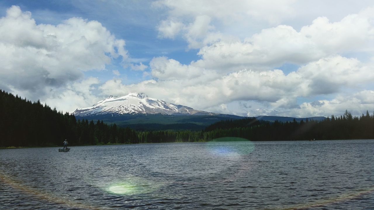 mountain, water, sky, cloud - sky, waterfront, tranquil scene, lake, mountain range, tranquility, scenics, beauty in nature, cloudy, nature, river, cloud, winter, snow, cold temperature, weather, day