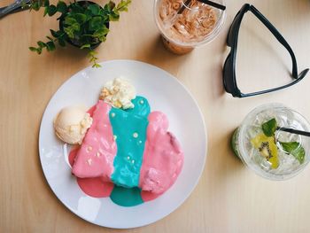 High angle view of dessert in plate on table