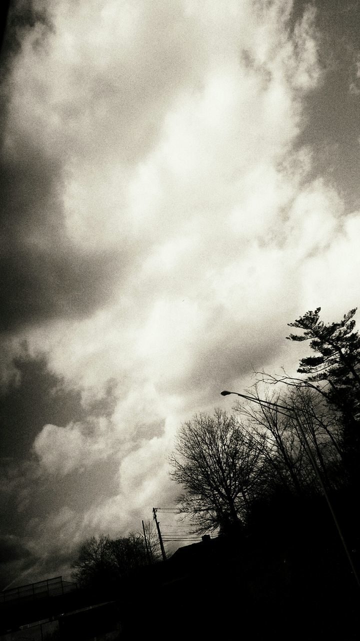 sky, silhouette, low angle view, cloud - sky, tree, cloudy, tranquility, nature, tranquil scene, beauty in nature, weather, scenics, dusk, overcast, cloud, growth, outdoors, no people, storm cloud, branch