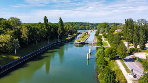 High angle view of bridge over river against sky