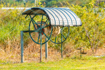 View of metallic structure on field