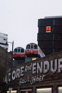 Low angle view of text on building against clear sky