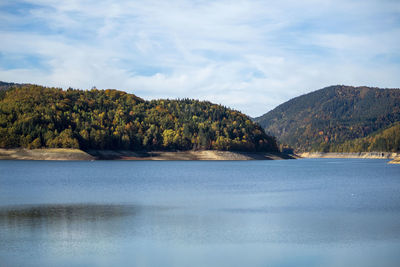 Scenic view of lake and mountains against sky