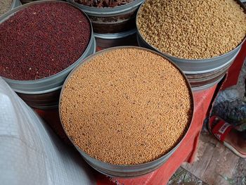 High angle view of spices for sale in market