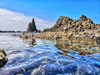 Rock formations by sea against blue sky