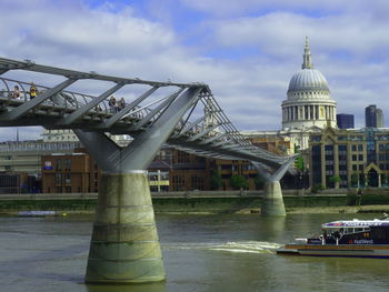 Bridge over river with city in background