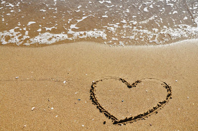 High angle view of heart shape on sea shore