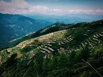 High angle view of agricultural field against sky