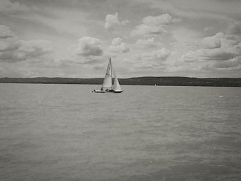 Sailboat sailing in sea against sky